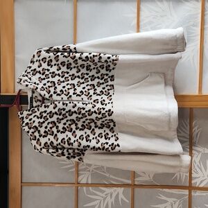 SHEIN LUNE Leopard Panel Half Zip Flannel Hoodie